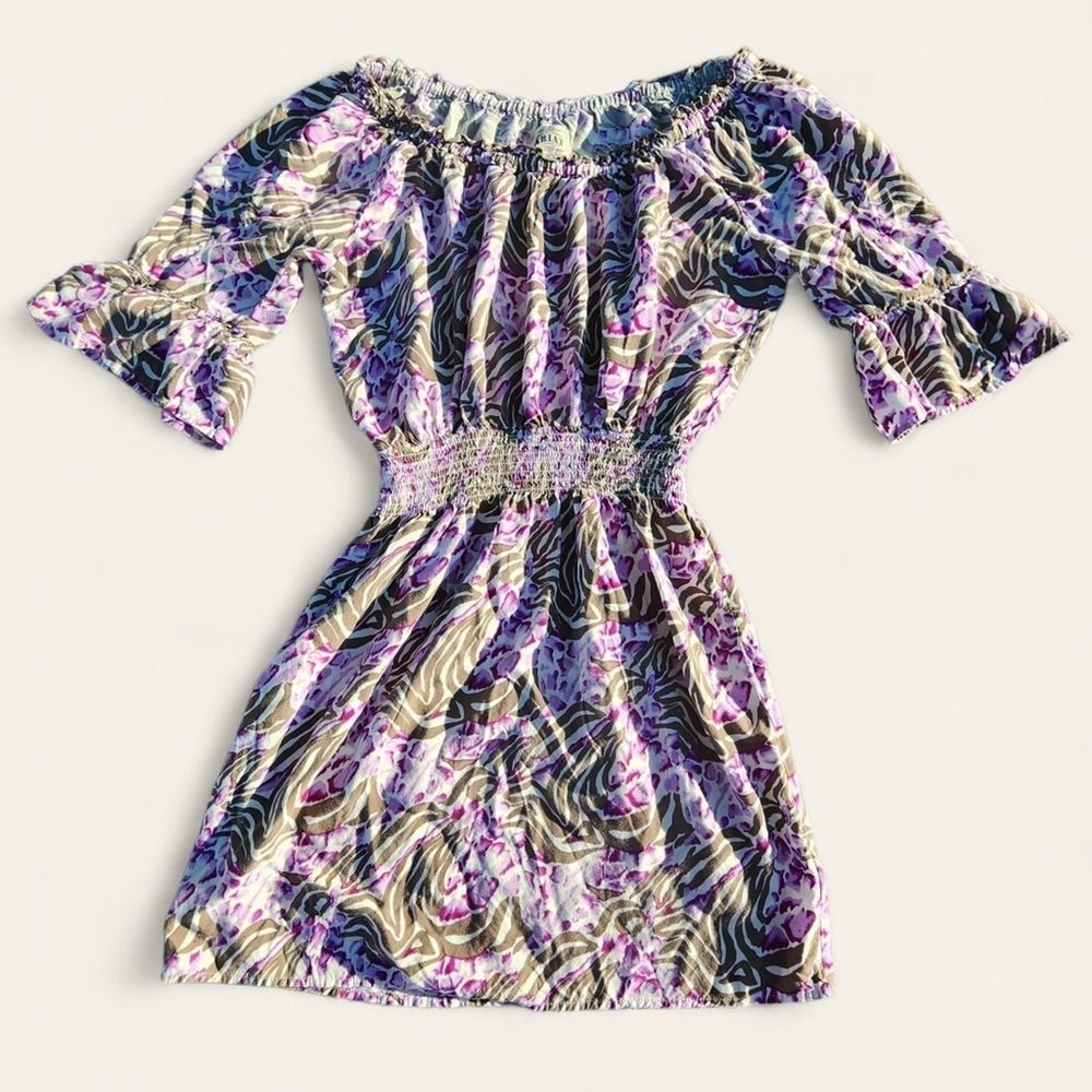 Ariat Dress Smocked Waist Bell‎ Sleeve Animal Print Purple Grey Size Medium